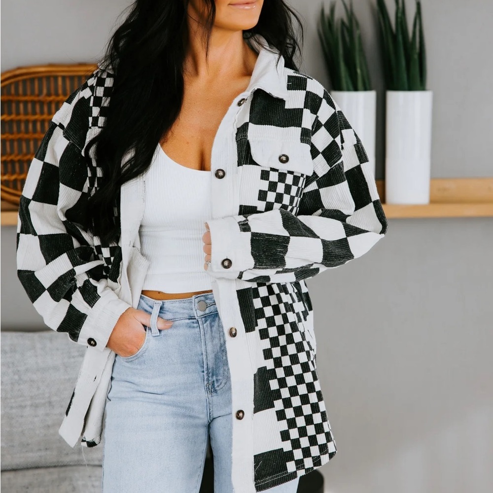 Checkered Black and White Women's Sweater - Picture 2 of 6
